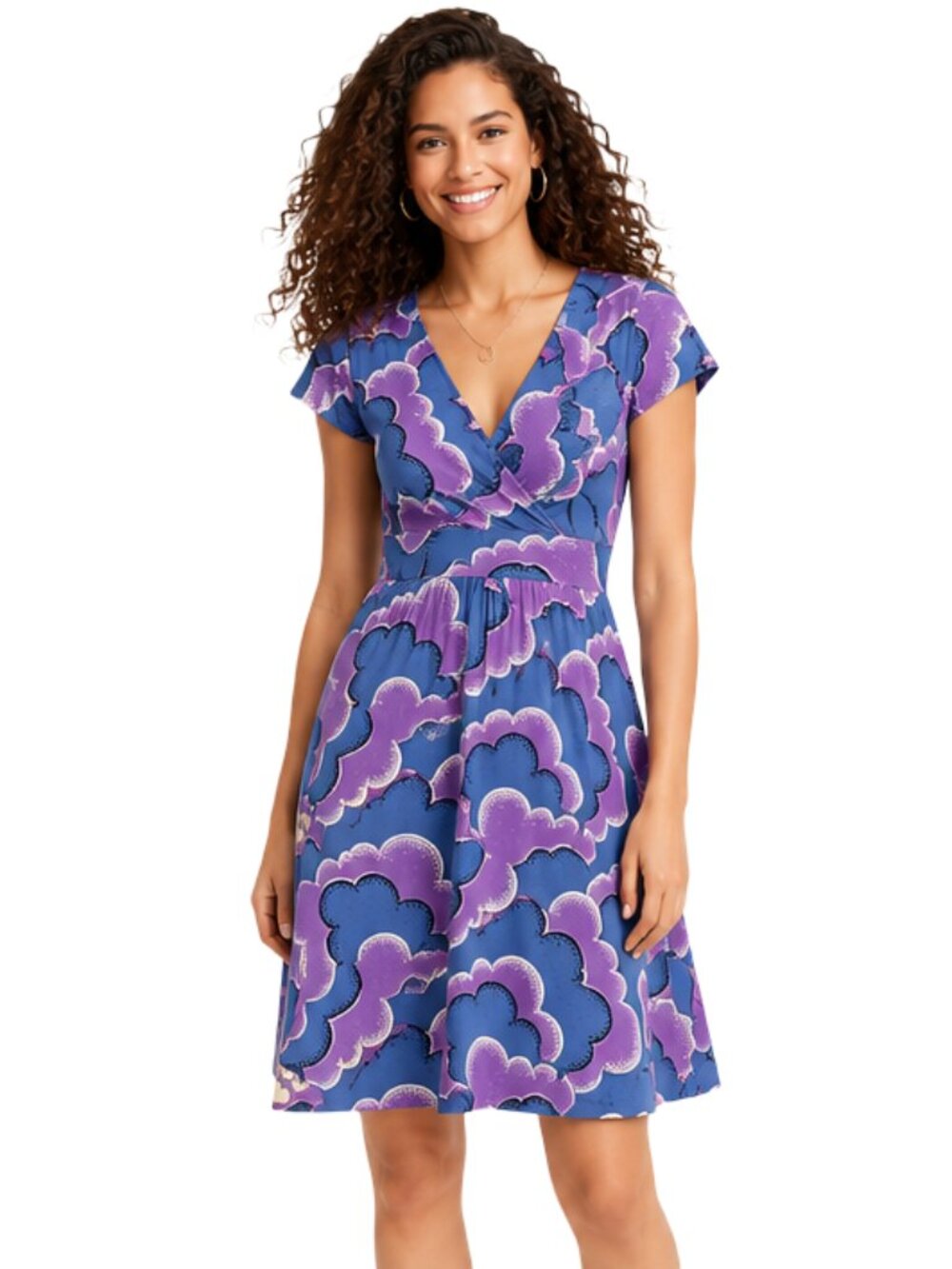 Boden Retro Cloud Print Faux Wrap Midi Dress Women Blue Purple Stretch Size 16L